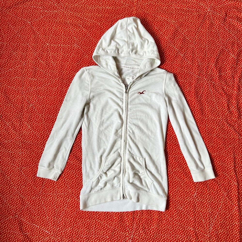 Vintage 2000s Hollister White Full Zip Hoodie Sweatshirt Small Embroidered Logo